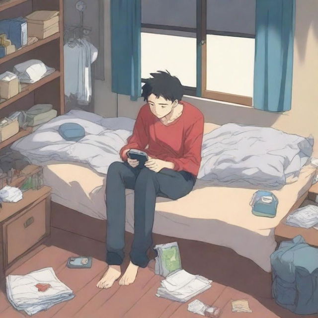 This high-quality anime-style illustration portrays an anime character, dozing off in his hostel room while still holding a smartphone