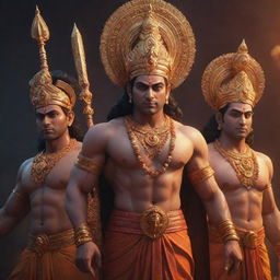 A breathtaking piece of digital art featuring Lord Ram, Lord Laxman, Sita, and Hanuman Ji. Rendered with exquisite realism, vibrant lighting effects, and a focus on high detail. Depicted in 4K resolution and trending Artstation style using octane, redshift, and Vray renders.