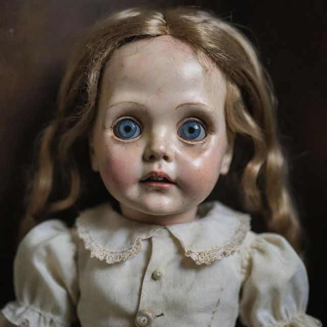 An eerie and disturbing doll with cracked porcelain skin, vintage clothing and lifeless glass eyes