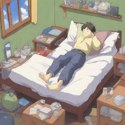 A high-quality anime-style illustration showcases an anime character, apparently dozing off in his hostel room, while still clutching a smartphone