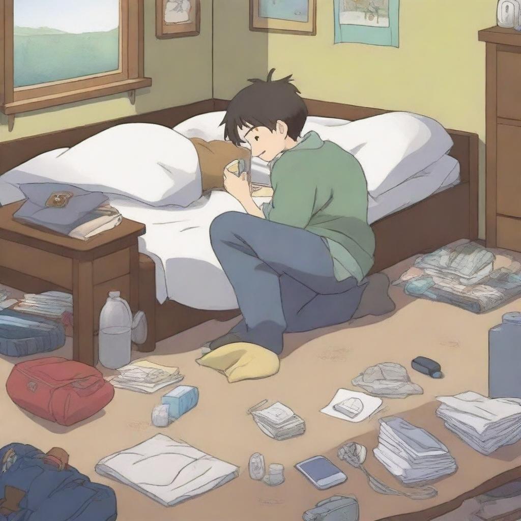 A high-quality anime-style illustration showcases an anime character, apparently dozing off in his hostel room, while still clutching a smartphone