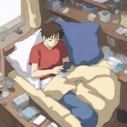 A high-quality anime-style illustration showcases an anime character, apparently dozing off in his hostel room, while still clutching a smartphone