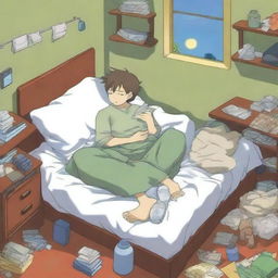 A high-quality anime-style illustration showcases an anime character, apparently dozing off in his hostel room, while still clutching a smartphone