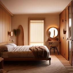 A cozy bedroom interior, 7 feet wide by 15 feet long, entry gate opposite the bed, harmonious decor, plush bedding, ambient lighting, space-optimizing furniture.