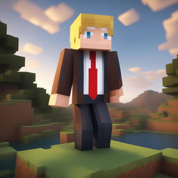 This is a high-quality digital image of a Minecraft character resembling Donald Trump, dressed in a suit with a unique camouflage pattern, standing in a typical Minecraft landscape