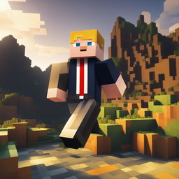 This is a high-quality digital image of a Minecraft character resembling Donald Trump, dressed in a suit with a unique camouflage pattern, standing in a typical Minecraft landscape