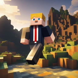 This is a high-quality digital image of a Minecraft character resembling Donald Trump, dressed in a suit with a unique camouflage pattern, standing in a typical Minecraft landscape