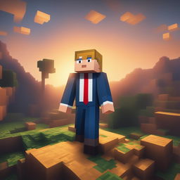 This is a high-quality digital image of a Minecraft character resembling Donald Trump, dressed in a suit with a unique camouflage pattern, standing in a typical Minecraft landscape