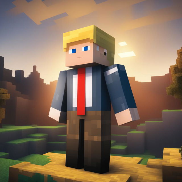 This is a high-quality digital image of a Minecraft character resembling Donald Trump, dressed in a suit with a unique camouflage pattern, standing in a typical Minecraft landscape