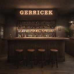 A realistically-rendered bar, with atmospheric lighting, detailed textures, and a prominent sign, pronouncedly lit, bearing the word 'Gerçek'.