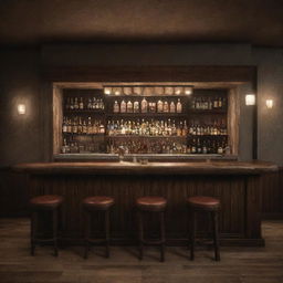 A realistically-rendered bar, with atmospheric lighting, detailed textures, and a prominent sign, pronouncedly lit, bearing the word 'Gerçek'.