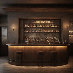 A realistically-rendered bar, with atmospheric lighting, detailed textures, and a prominent sign, pronouncedly lit, bearing the word 'Gerçek'.