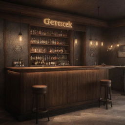 A realistically-rendered bar, with atmospheric lighting, detailed textures, and a prominent sign, pronouncedly lit, bearing the word 'Gerçek'.