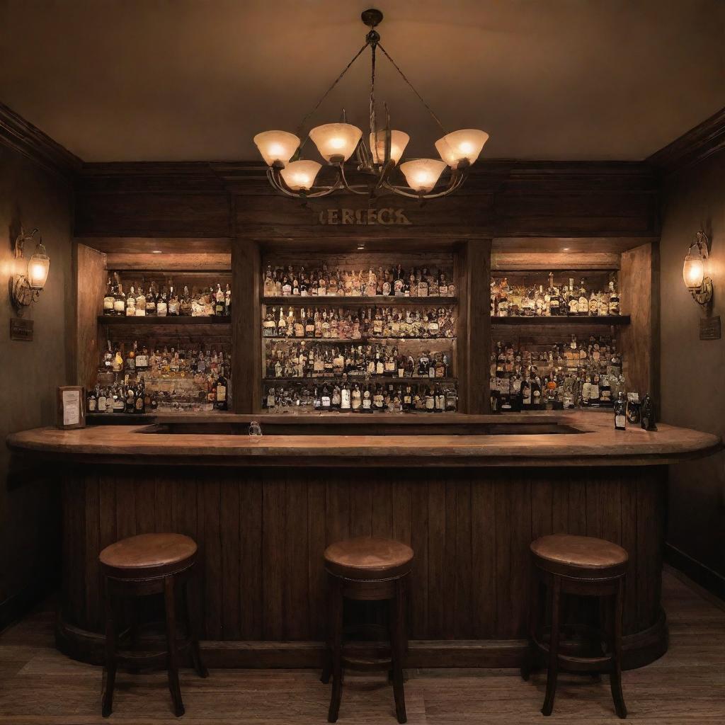 An ultra-realistic cozy bar, with warm, inviting lighting, rich textures, and comforting furnishings. A welcoming sign reading 'Gerçek' stands out prominently.