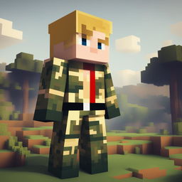 This is a high-quality digital image of a Minecraft character resembling Donald Trump, now dressed in a pixelated camouflage military uniform, standing in a typical Minecraft landscape