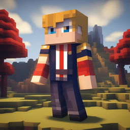 This is a high-quality digital image of a Minecraft character resembling Donald Trump, now dressed in a pixelated camouflage military uniform, standing in a typical Minecraft landscape