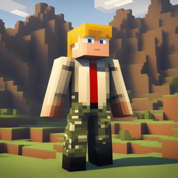 This is a high-quality digital image of a Minecraft character resembling Donald Trump, now dressed in a pixelated camouflage military uniform, standing in a typical Minecraft landscape