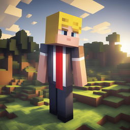 This is a high-quality digital image of a Minecraft character resembling Donald Trump, now dressed in a pixelated camouflage military uniform, standing in a typical Minecraft landscape