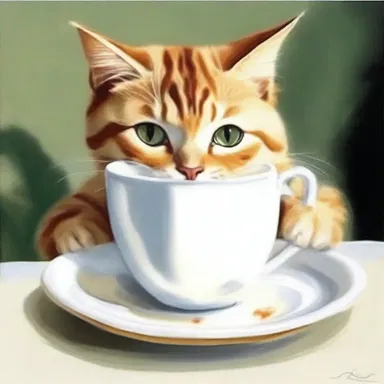 The artist painted a picture of a cat lapping up milk from a saucer.