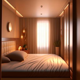 A cozy bedroom interior, 7 feet wide by 15 feet long, entry gate opposite the bed, harmonious decor, plush bedding, ambient lighting, space-optimizing furniture.