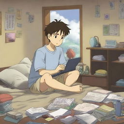 A high-quality anime-style illustration features an anime character, engrossed in watching a series on a laptop in his room