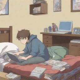 A high-quality anime-style illustration features an anime character, engrossed in watching a series on a laptop in his room