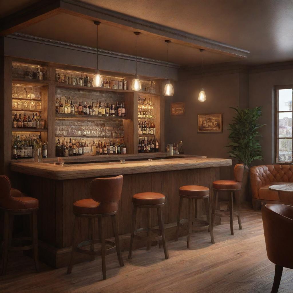 Render a cozy, incredibly realistic bar scene, filled with warm light and comfortable furnishings. The main focus is a prominently placed sign, brightly lit, showing the word 'Gerçek'.