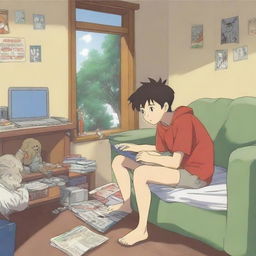 A high-quality anime-style illustration features an anime character, engrossed in watching a series on a laptop in his room