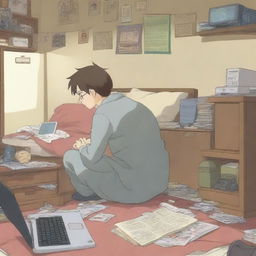 A high-quality anime-style illustration features an anime character, engrossed in watching a series on a laptop in his room