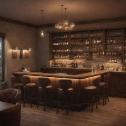 Render a cozy, incredibly realistic bar scene, filled with warm light and comfortable furnishings. The main focus is a prominently placed sign, brightly lit, showing the word 'Gerçek'.