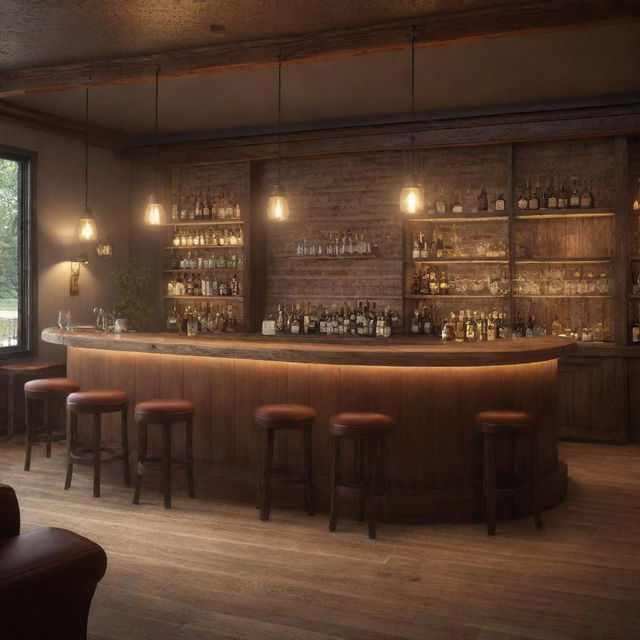 Render a cozy, incredibly realistic bar scene, filled with warm light and comfortable furnishings. The main focus is a prominently placed sign, brightly lit, showing the word 'Gerçek'.