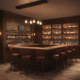 Render a cozy, incredibly realistic bar scene, filled with warm light and comfortable furnishings. The main focus is a prominently placed sign, brightly lit, showing the word 'Gerçek'.