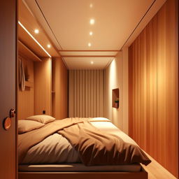 A cozy bedroom interior, 7 feet wide by 15 feet long, entry gate opposite the bed, harmonious decor, plush bedding, ambient lighting, space-optimizing furniture.