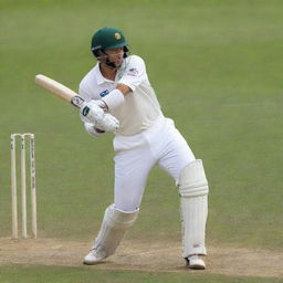 Generate an image of a professional cricketer poised to swing his bat, dressed in traditional white cricket uniform, a vivid green pitch in the background.