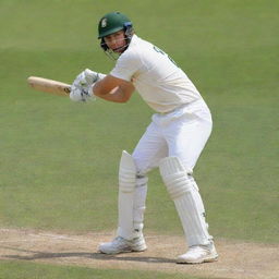 Generate an image of a professional cricketer poised to swing his bat, dressed in traditional white cricket uniform, a vivid green pitch in the background.