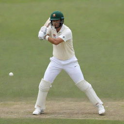 Generate an image of a professional cricketer poised to swing his bat, dressed in traditional white cricket uniform, a vivid green pitch in the background.