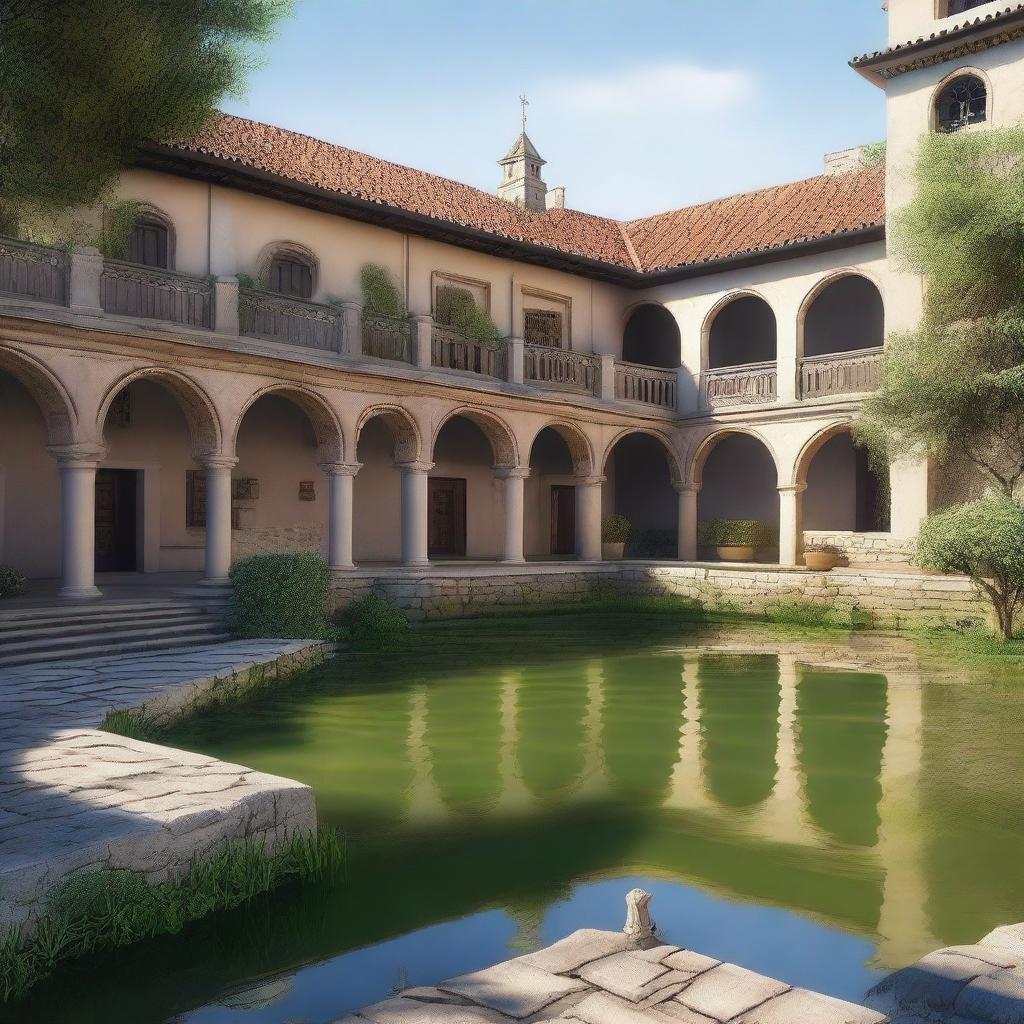 This is a high-quality digital art image of a grand courtyard