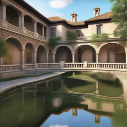 This is a high-quality digital art image of a grand courtyard