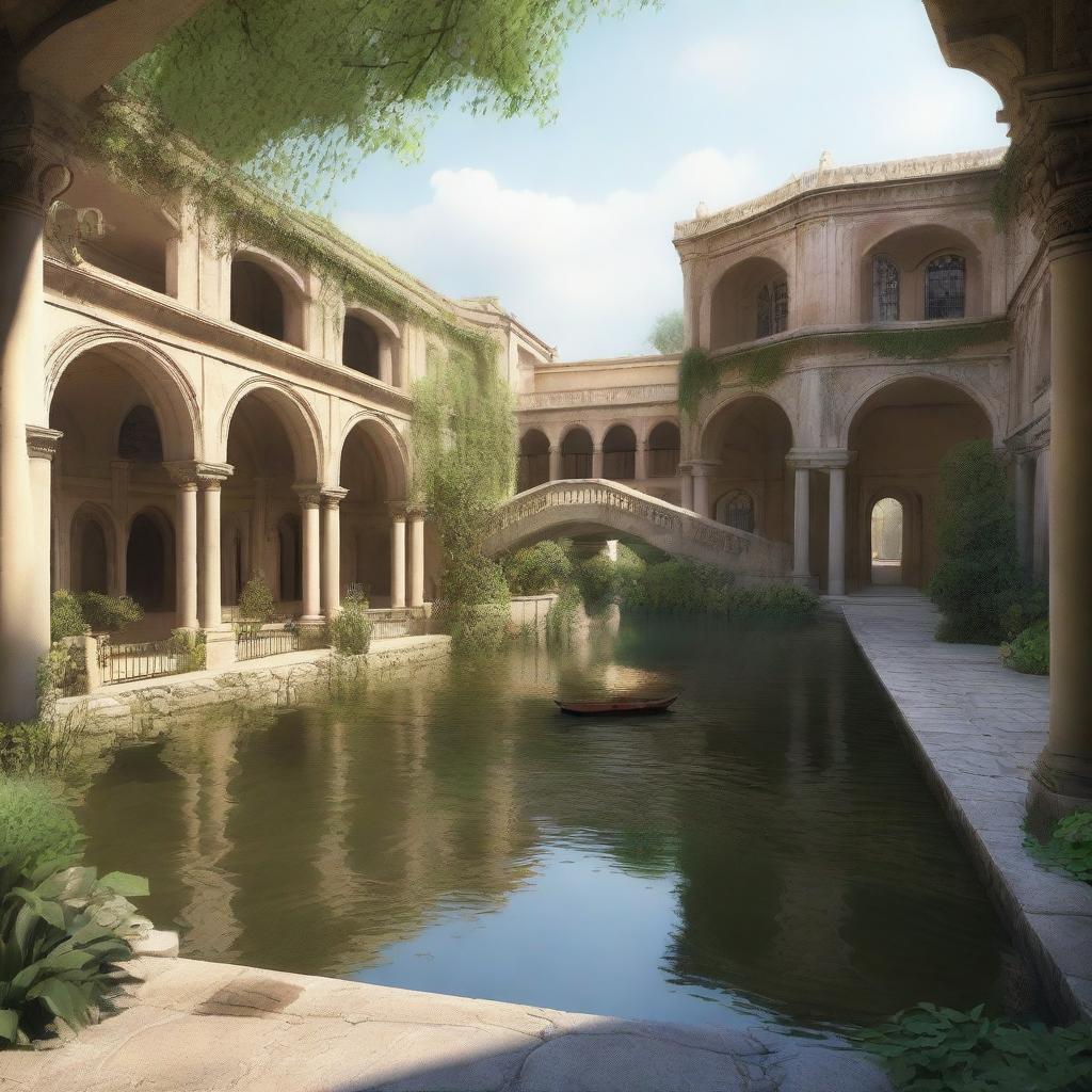 This is a high-quality digital art image of a grand courtyard