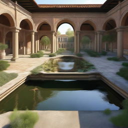 This is a high-quality digital art image of a grand courtyard