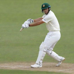 Generate an image of a professional cricketer poised to swing his bat, dressed in traditional white cricket uniform, a vivid green pitch in the background.