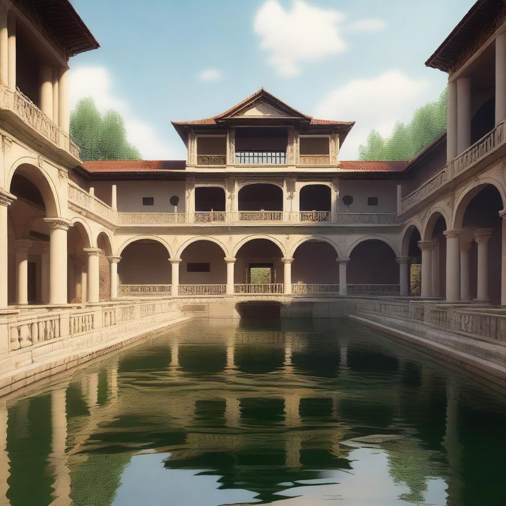 This digital art image portrays a grand courtyard, characterized by a large pond in its center