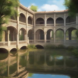 This digital art image portrays a grand courtyard, characterized by a large pond in its center