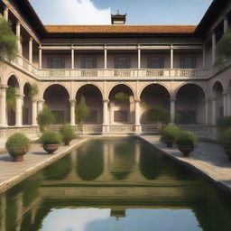 This digital art image portrays a grand courtyard, characterized by a large pond in its center