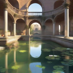 This digital art image portrays a grand courtyard, characterized by a large pond in its center