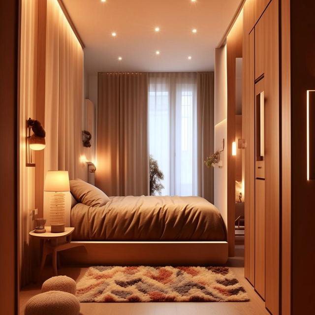 A cozy bedroom interior, 7 feet wide by 15 feet long, entry gate opposite the bed, harmonious decor, plush bedding, ambient lighting, space-optimizing furniture.