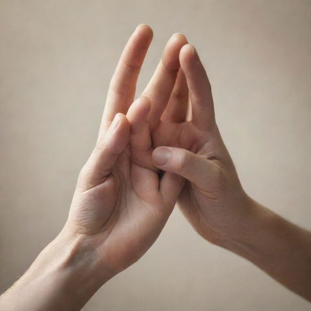 Create a close-up image of two human hands, poised as if about to clap, showing detailed texture and nuanced colors under soft natural lighting.