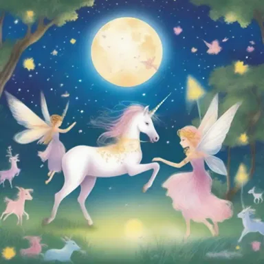 In the semicentennial celebration of the magical kingdom, fairies and unicorns danced together under the moonlit sky.