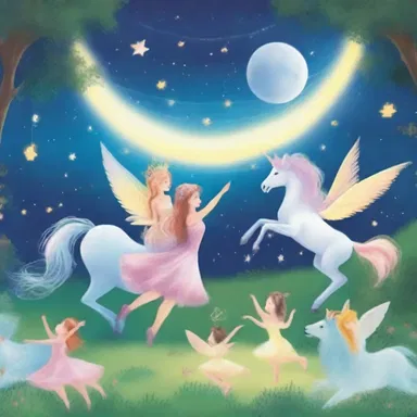 In the semicentennial celebration of the magical kingdom, fairies and unicorns danced together under the moonlit sky.