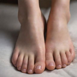 Create a close-up perspective of human feet, showcasing detailed skin texture and tone under diffused, soft lighting.